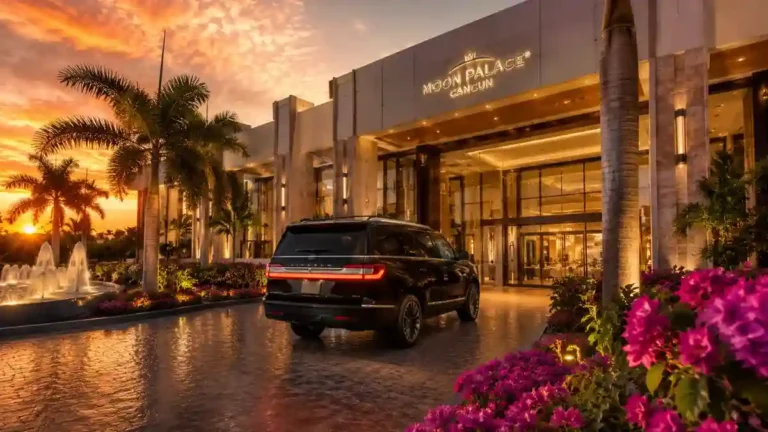 Private SUV transfer arriving at the Moon Palace Cancun entrance at sunset