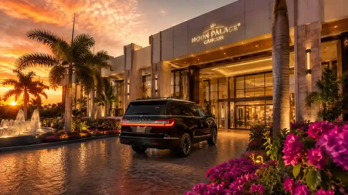 Private SUV transfer arriving at the Moon Palace Cancun entrance at sunset