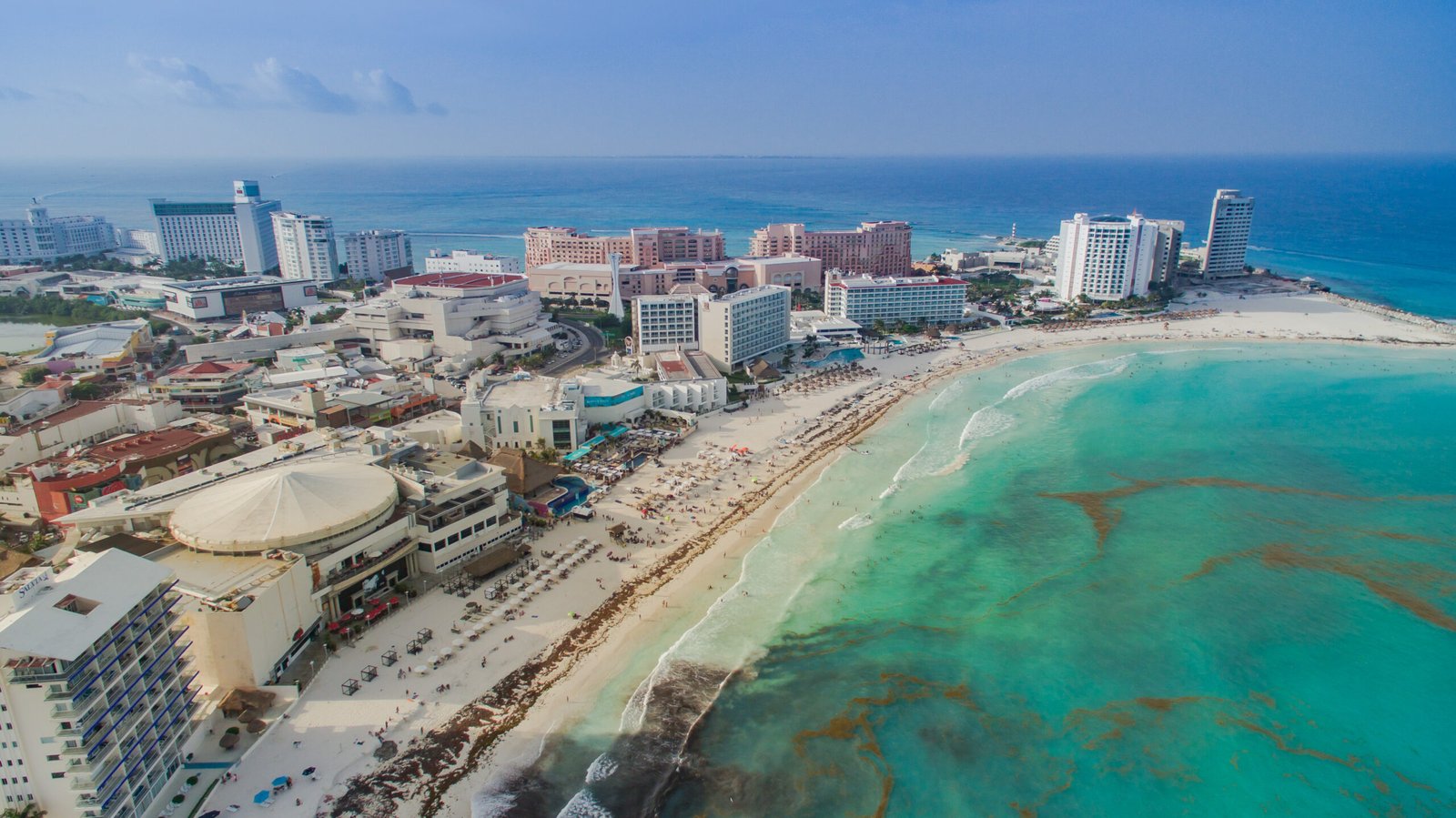 Aerial view of Cancún beach and turquoise Caribbean water