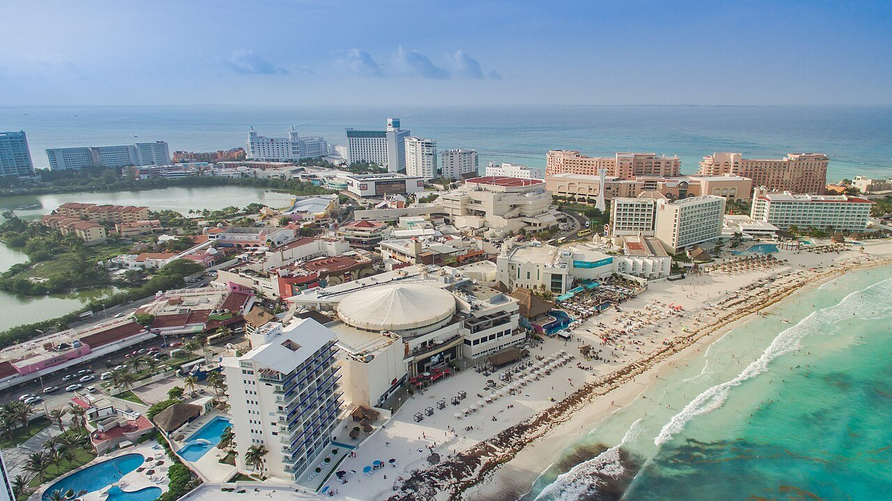 Cancun beach and resort towers from above