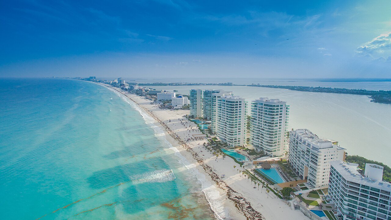 Cancun Hotel Zone resorts along the Caribbean shoreline