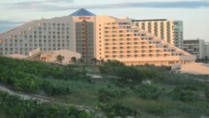 Hilton Cancun Golf & Spa Resort viewed from Playa Delfines lookout, Cancun Mexico