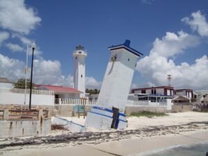 Leaning Puerto Morelos lighthouse tower Faro Inclinado tilted since Hurricane Beulah 1967