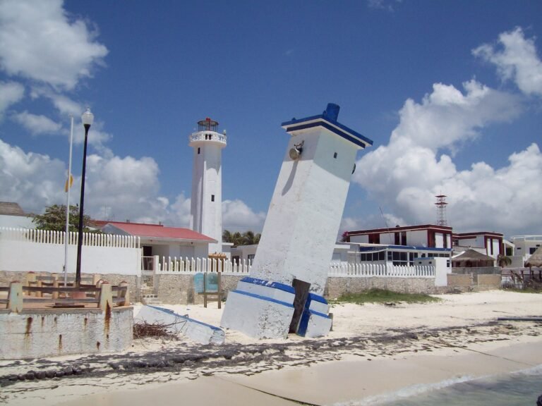 Leaning Puerto Morelos lighthouse tower Faro Inclinado tilted since Hurricane Beulah 1967