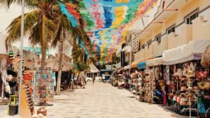 Quinta Avenida street in Playa del Carmen with people walking