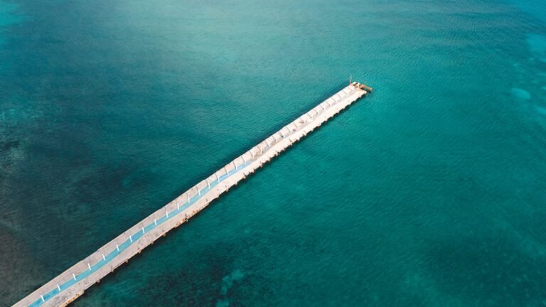 Aerial view of a pier in the ocean along the Riviera Maya coast