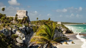 Ancient Mayan ruins on a cliff above the Caribbean coastline in Tulum, Mexico