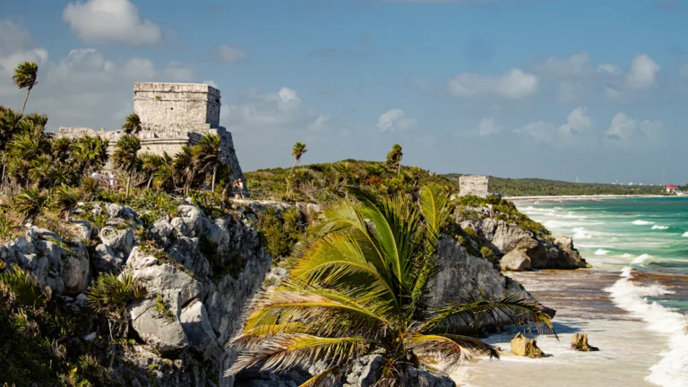 Ancient Mayan ruins on a cliff above the Caribbean coastline in Tulum, Mexico