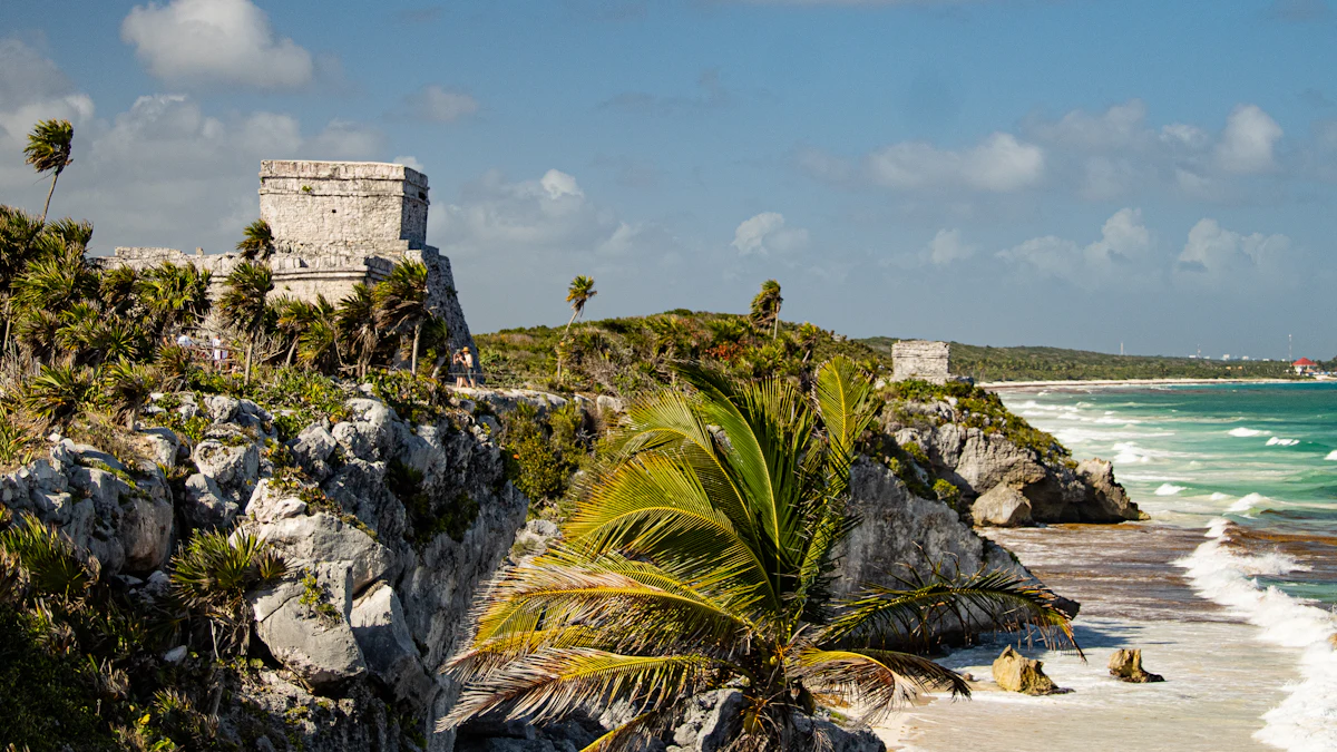Ancient Mayan ruins on a cliff above the Caribbean coastline in Tulum, Mexico