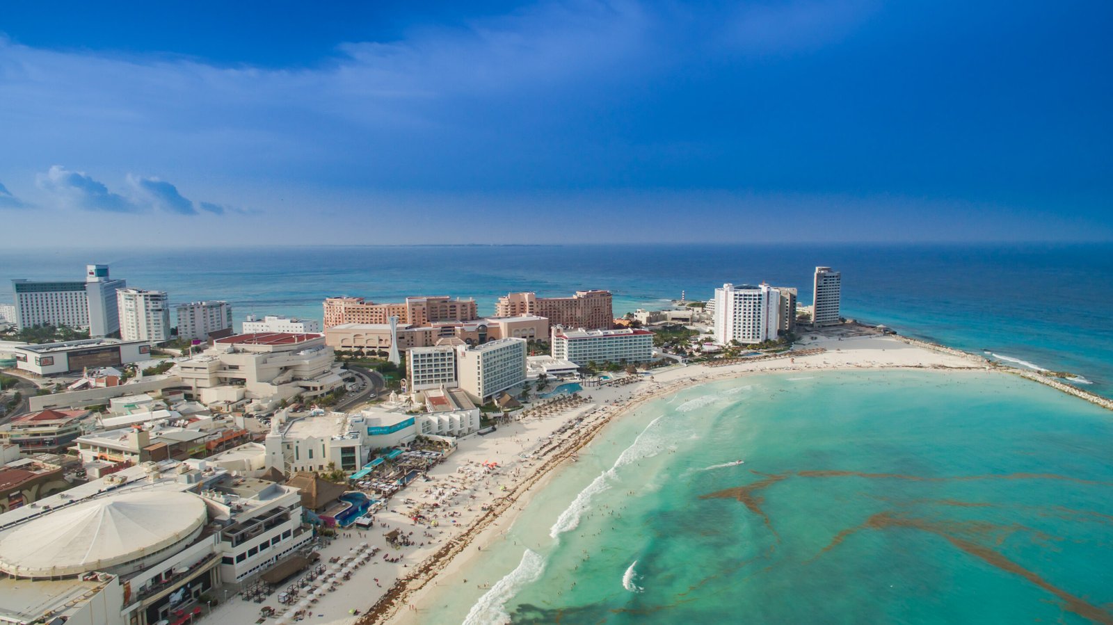 Aerial view of the Cancún Hotel Zone beach and hotels