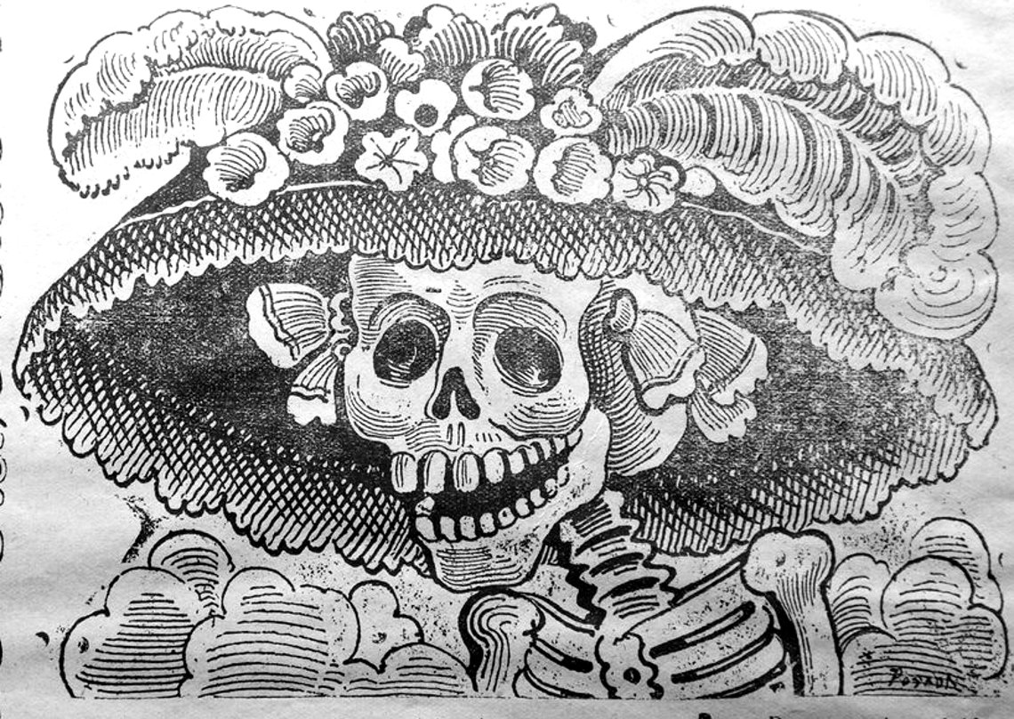 Grabado original de La Calavera Catrina por José Guadalupe Posada, origen de la imagen de la catrina