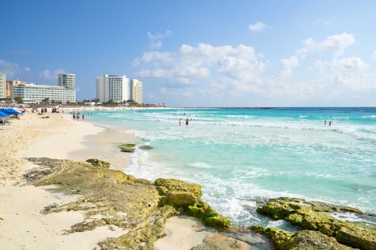 Beach and resort towers along the Cancún Hotel Zone, Quintana Roo, Mexico