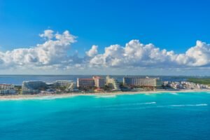 Aerial view of hotel towers along the beach in the Cancún Hotel Zone, Quintana Roo, Mexico