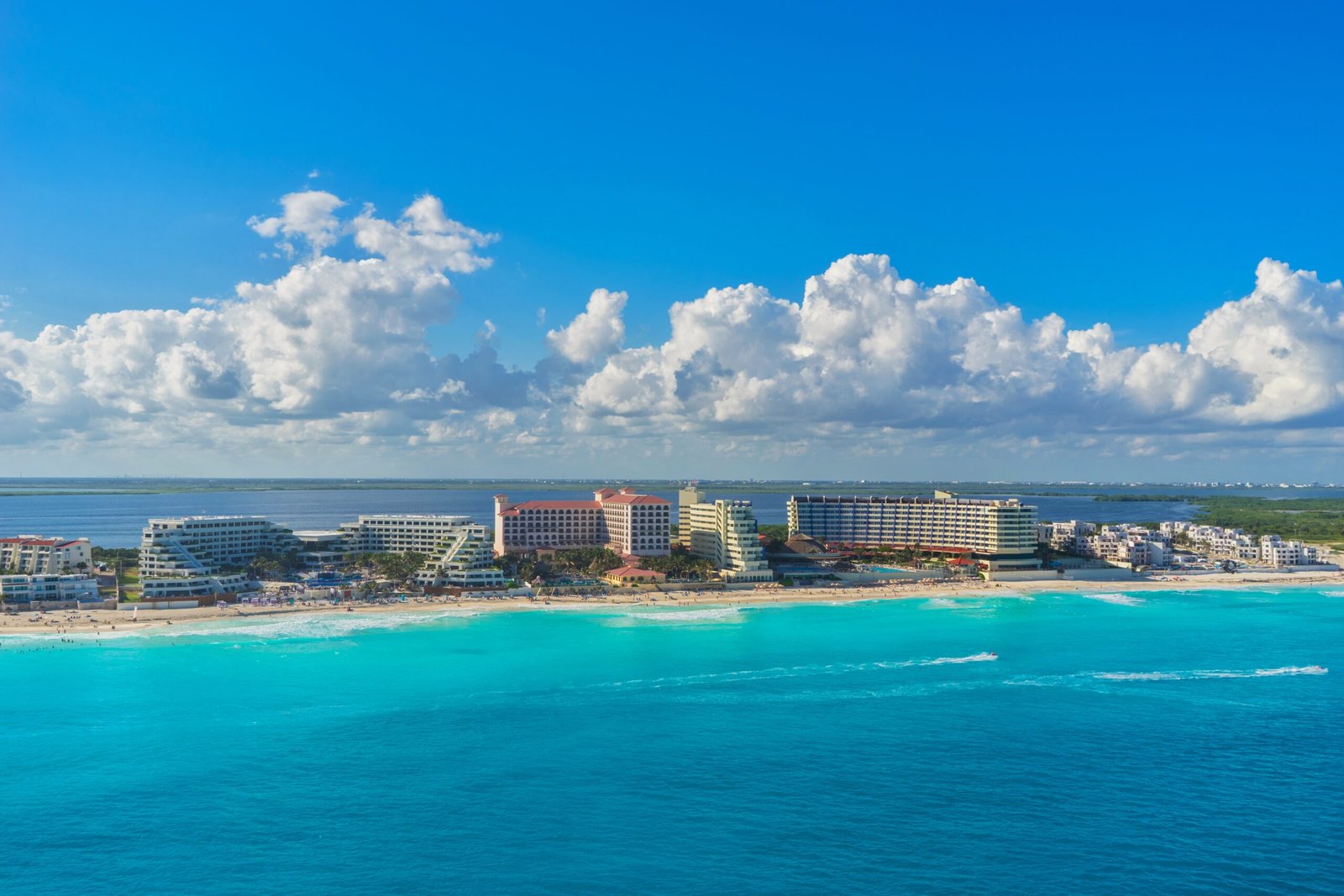 Aerial skyline view of the Cancún Hotel Zone, Quintana Roo, Mexico