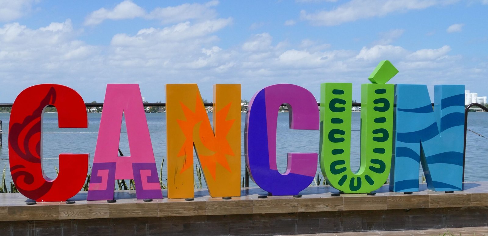 The CANCUN letters landmark sign at the entrance to the Hotel Zone, Quintana Roo, Mexico