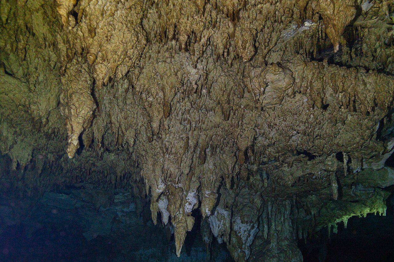 Estalactitas y agua clara dentro de la caverna del cenote Dos Ojos, en la Riviera Maya