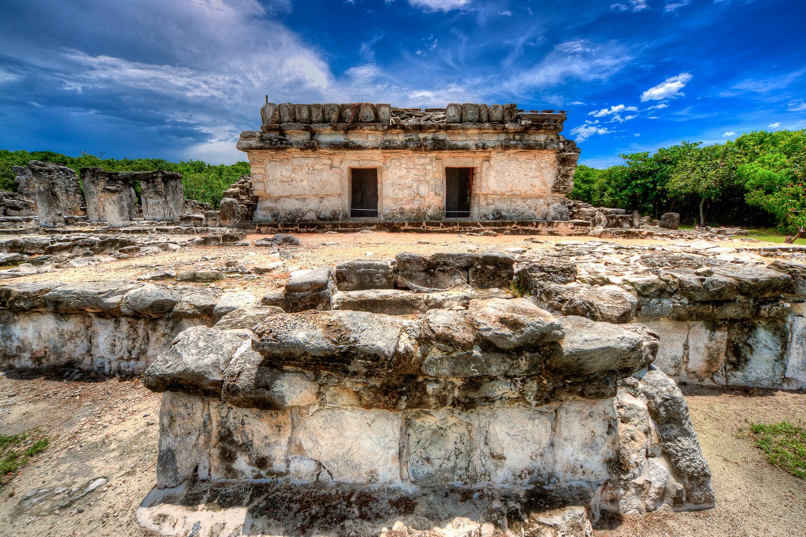 Stone temple structure at the El Rey Maya archaeological site in the Hotel Zone of Cancun, Quintana Roo, Mexico