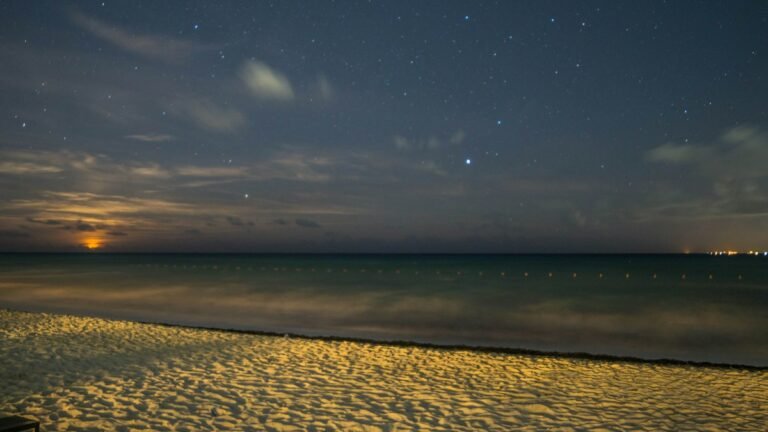 Dark beach and sea under a night sky in Cancún, Quintana Roo