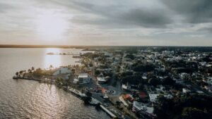 Aerial view of Chetumal, Quintana Roo, and the bay at sunset