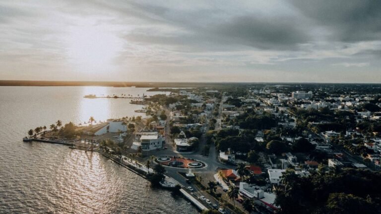 Aerial view of Chetumal, Quintana Roo, and the bay at sunset