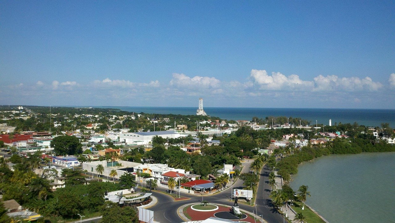 Aerial view of the coastline of Chetumal, Quintana Roo