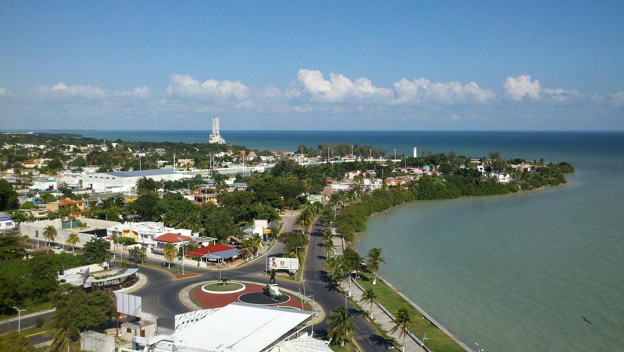 Aerial view of the Chetumal waterfront and Boulevard Bahía along the bay