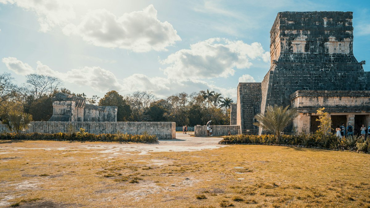 Visitors in front of the Great Ball Court at Chichén Itzá, Yucatán