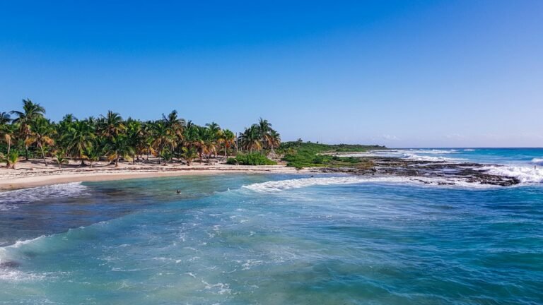 Palm trees on the beach and turquoise Caribbean in Mahahual, Costa Maya, Quintana Roo