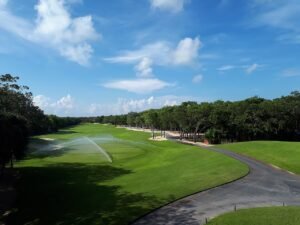 Fairway of El Camaleón golf course at Mayakoba seen from the clubhouse, Riviera Maya