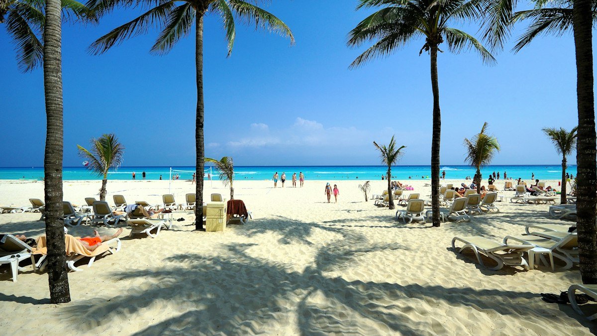 Palm trees casting shade on white sand at a beach in Playa del Carmen