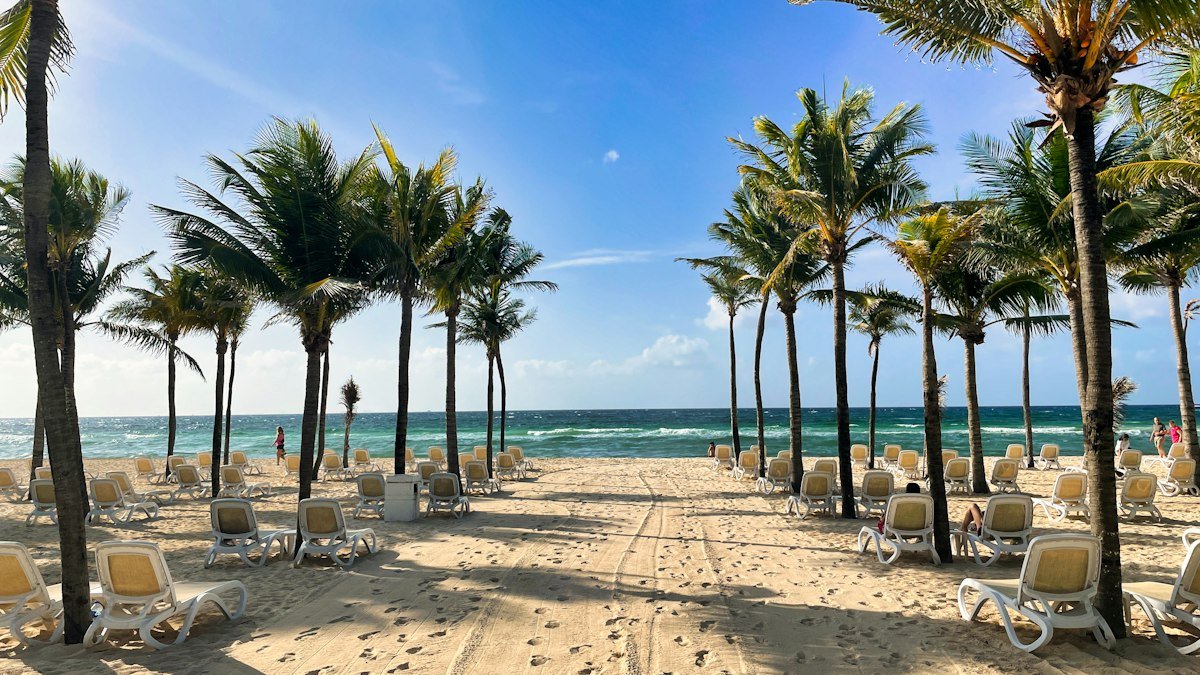 Palm trees and loungers on a wide beach in Playa del Carmen, Quintana Roo