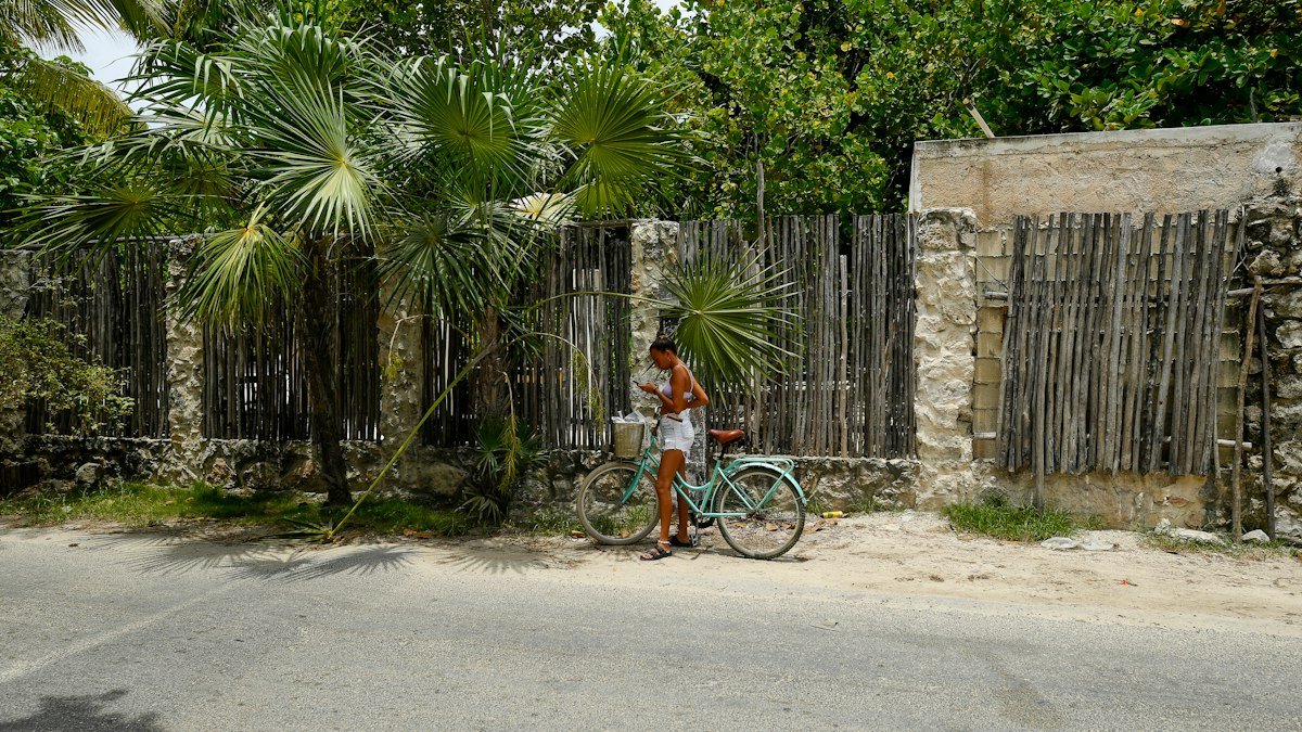 Narrow road in Tulum lined with wooden fences and jungle, with a cyclist passing